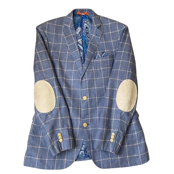 Lauren Ralph Lauren Other - Tallia Mens Windowpane Plaid Elbow Patch Linen Blazer Sport Coat 38R Blue Check